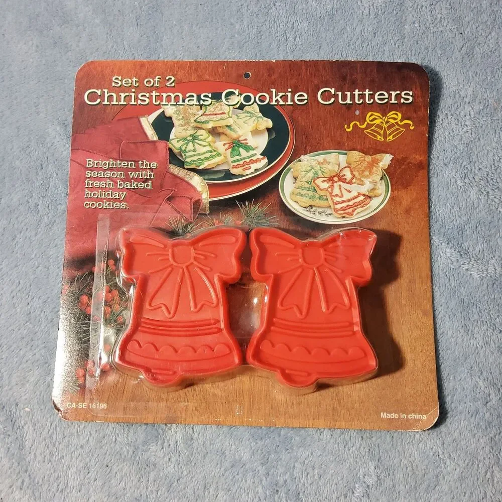Vintage Christmas Cookie Cutters Set of 2 Red Plastic Bells with Bows Sealed